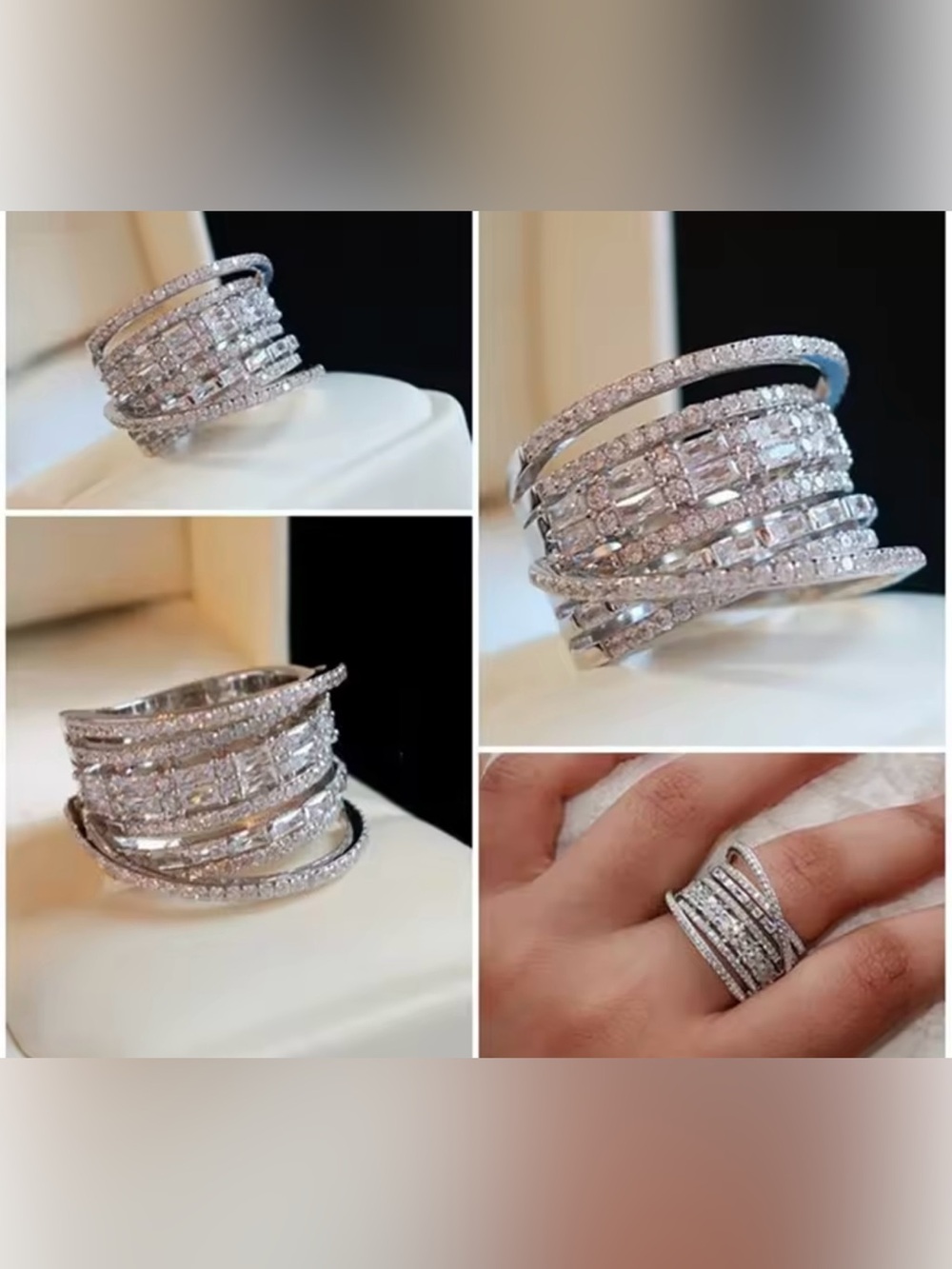 Luxury Multi Band Crystal Statement Ring – Silver Glam Cocktail Ring
